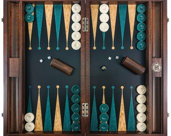 Juego de backgammon negro-verde personalizado premium, backgammon de madera hecho a mano con cuero de alta calidad personalizado con nombre, logotipo, monograma