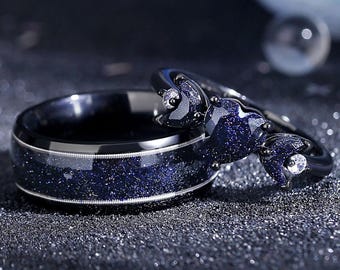 Anillos de pareja con forma de corazón y nebulosa de Orión "Música celestial", anillos de compromiso a juego con cuerdas de guitarra de plata, alianza de boda de piedra arenisca azul para él y para ella