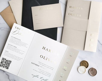 Wedding Invitations Harper Gatefold - Shimmer Folding Gold Foil invite with timeline. Vellum Bellyband wrap Beige/Neutral wedding invitation