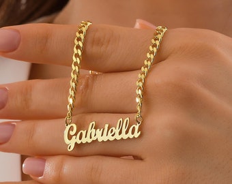 Collar con nombre de oro de 14 k con cadena de eslabones para mujer, delicado collar con nombre personalizado, collar de cadena cubana, joyería personalizada, regalo para mamá