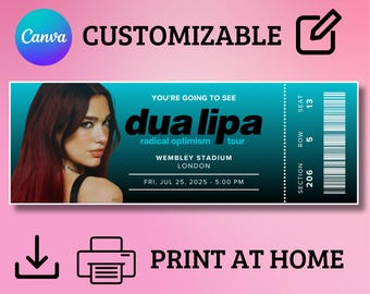 Entradas para Dua Lipa (gira Radical Optimism) *Descargar concierto Personalizable Editar Personalizar Plantilla Canva Recuerdo Imprimible*